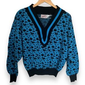 Vintage 80s Express Abstract Varsity V-Neck Knit Sweater Blue Black Size M/L